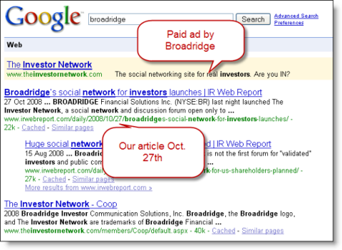Screenshot of Google results page showing Broadridge ad for the investor network