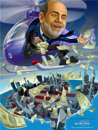 Ben Bernanke in a helicopter throwing out cash having a ball