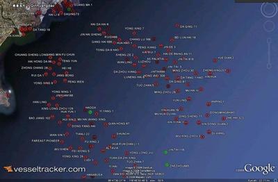Idle ships off Qinhungdao (Chinese coast)