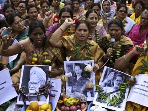 High food prices spark protests in India, where food inflation was 18.32 percent last month.