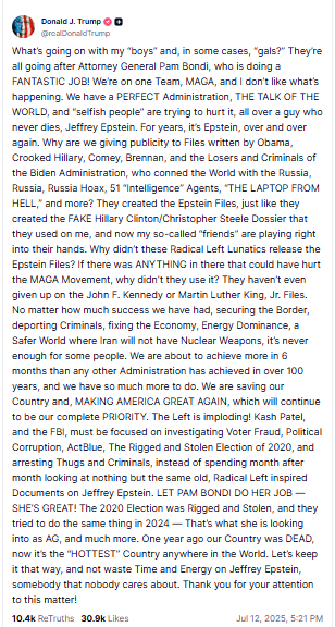 Publication du président Trump sur Truth Social