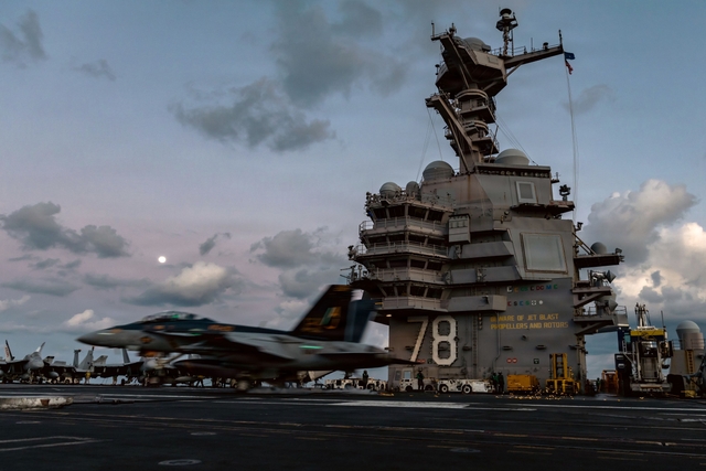 An F/A-18F Super Hornet aircraft lands on the world’s largest aircraft carrier, USS Gerald R. Ford, while operating in the Eastern Mediterranean Sea in support of Operation Epic Fury.