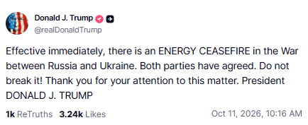 President Trump said Ukraine and Russia agreed to an energy ceasefire.