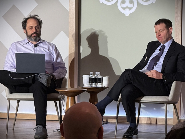 Wharton professor Ethan Mollick, left, and UBS analyst Michael Lasser discuss advancements in AI at the UBS Global Consumer and Retail Conference.
