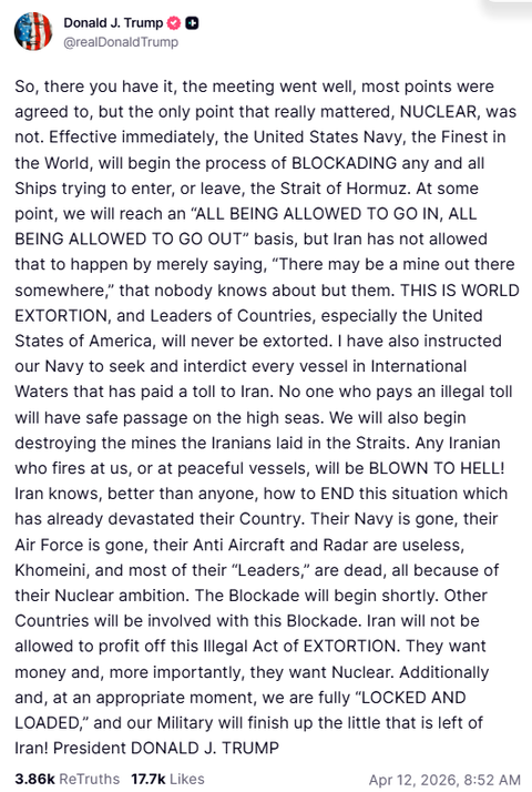 Trump orders immediate blockade of Strait of Hormuz after talks ...