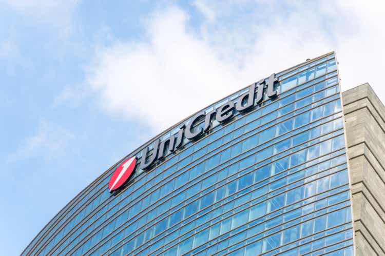 UniCredit sign at UniCredit tower in Milan.