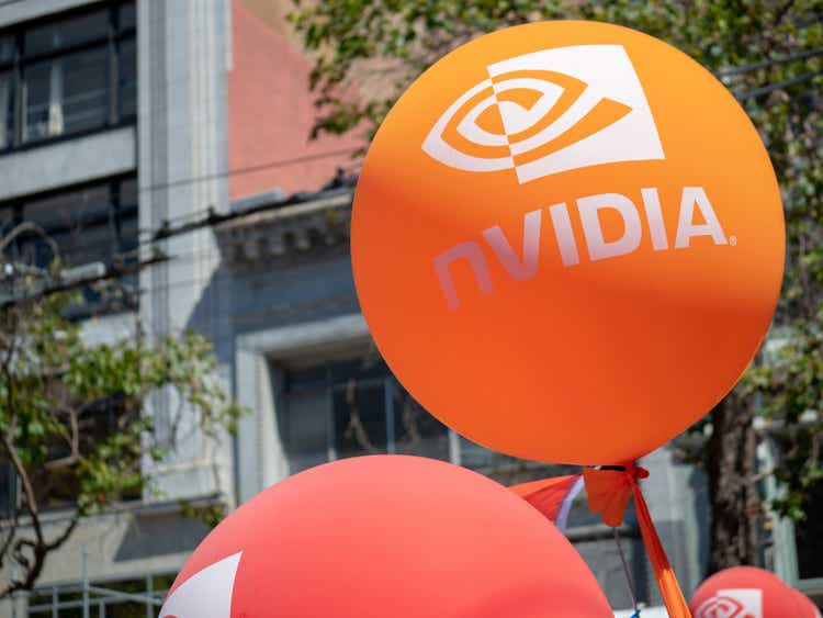 Orange nVidia logo on ballon in an urban setting