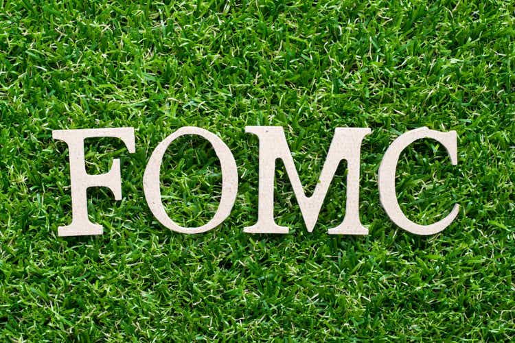 Wood alphabet in word fomc (abbreviation of federal open market committee) on artificial green grass background