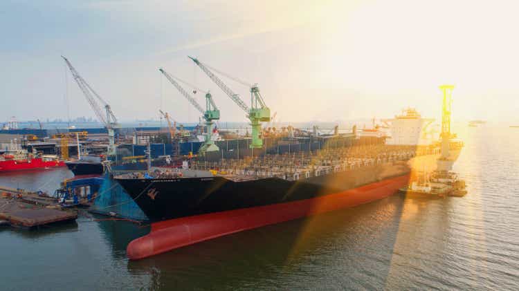 Large shipyard located in the sea in Thailand. aerial view and top view.