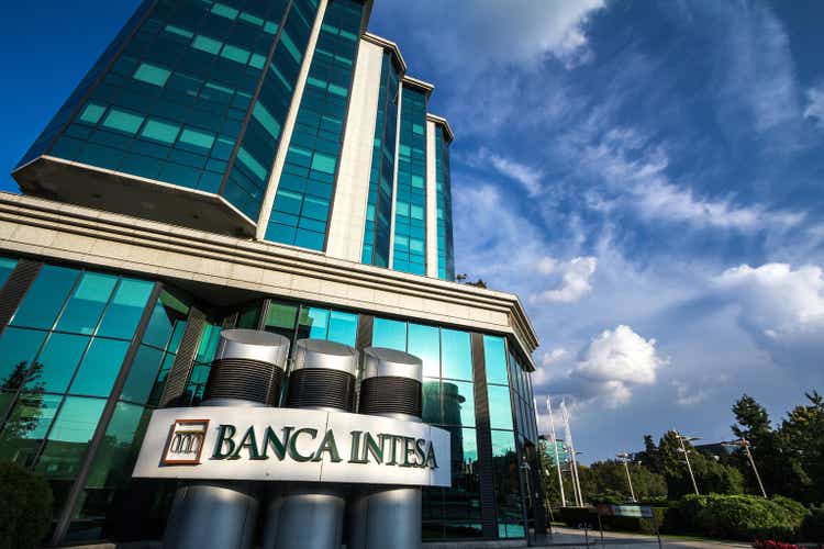 Banca Intesa logo on their main office for Serbia. Intesa SanPaolo is one of the biggest Italian commercial and retail bank spread in Eastern Europe