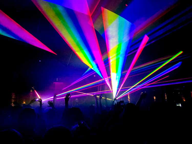 Rainbow laser lights in nightclub