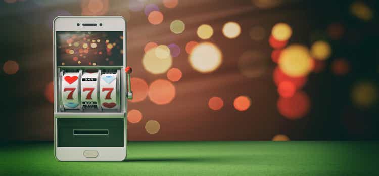 Slot machine on a smartphone screen, green felt and abstract background. 3d illustration