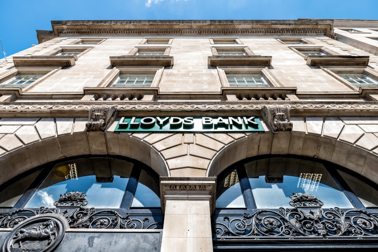 Low angle, looking up view on Lloyds Bank sign, branch, office in city