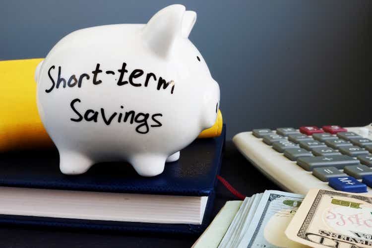 Short-term savings. Piggy bank, calculator and money.