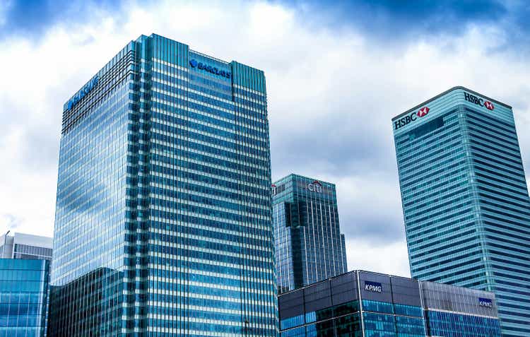 Offices in the financial hub of Canary Wharf at Canada square: HSBC, CITI, JP Morgan, KPMG and Barclays buildings