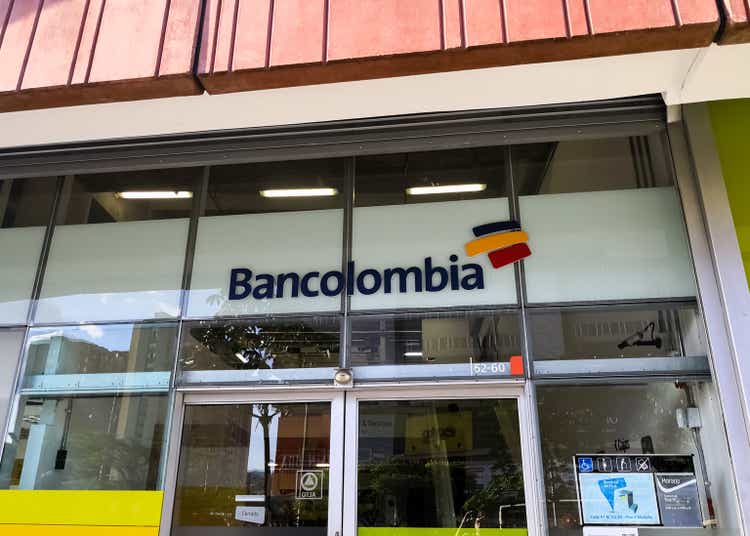 Facade and sign of an office of Bancolombia, a Colombian bank in Medellin