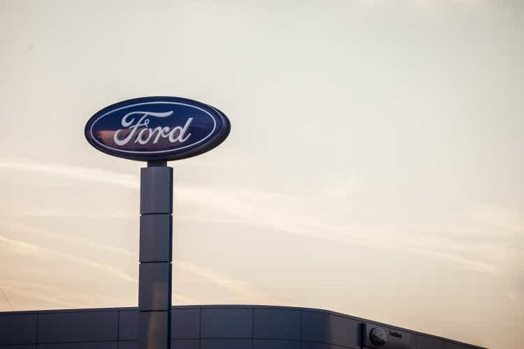 Ford logo on their main dealership store Belgrade. Ford is an American car and automotive manufacturer, the second biggest in the USA