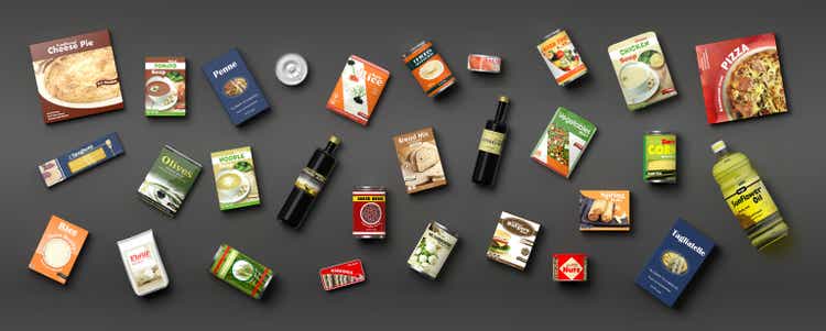 Collection of packaged food on grey background. 3d illustration