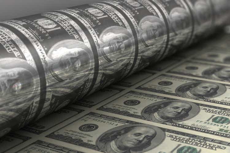 Printing USA dollar bills close up