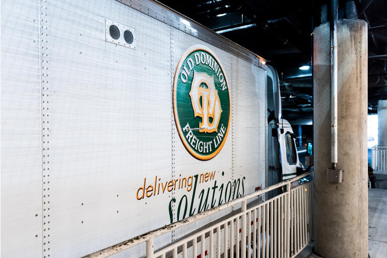 Old Dominion Freight Line, ODFL, delivery, shipping truck parked in indoor, indoors parking garage, warehouse near Tysons Corner shopping mall