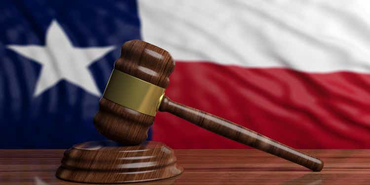 Judge or auction gavel on Texas US America flag background. 3d illustration