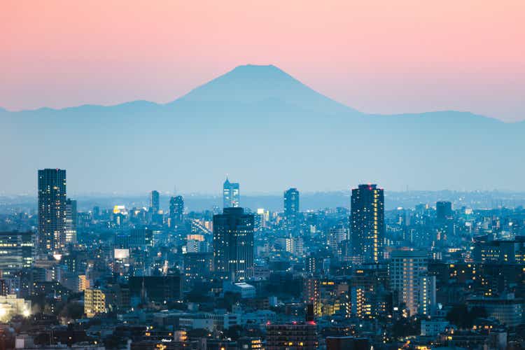 Mount Fuji and downtown Tokyo at sunset.  japan