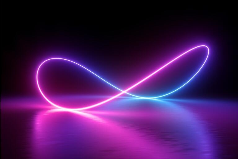 3d render, infinity symbol, neon light, loop, ultraviolet spectrum, quantum energy, pink blue violet glowing line, string, abstract background