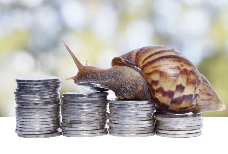 Snail climbing the pile of coins