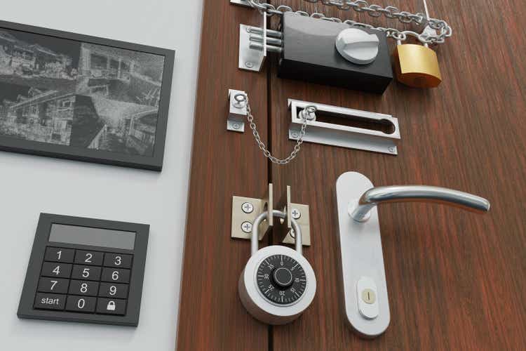 Safety and security concept. Door with many locks. 3D rendered illustration.