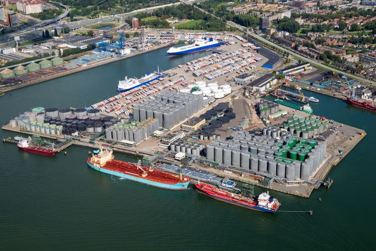 Oil terminal tanker aerial view port