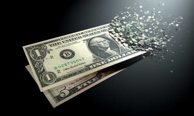 The dematerialization of money, dollars are dematerialized on a black background.