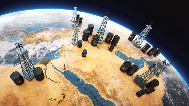 World globe Middle east, with oil barrels and drilling towers
