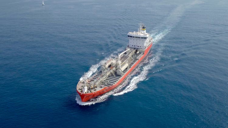 Large crude oil tanker roaring across The Mediterranean sea