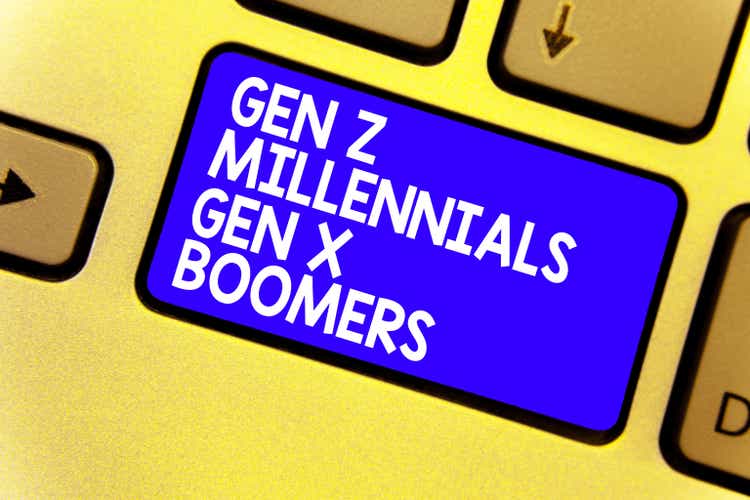 Word writing text Gen Z Millennials Gen X Boomers. Business concept for Generational differences Old Young people Keyboard blue key Intention create computer computing reflection document.