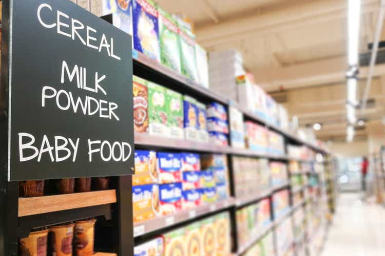 Cereal, milk powder, baby food grocery category aisle at supermarket