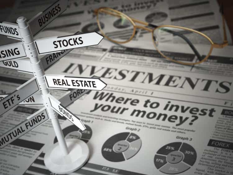 Investmments and asset allocation concept. Where to Invest? Newspaper and direction sign with investment options.