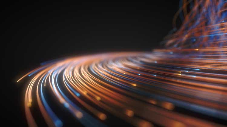 glowing fiber optic strings in dark. 3d illustration
