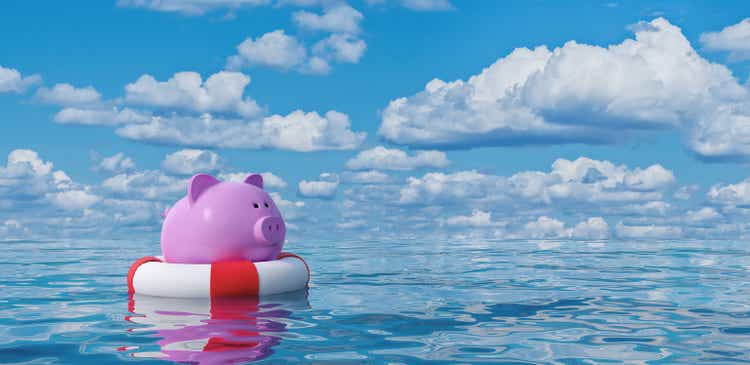 Piggy bank in lifebuoy on blue sea,Savings Protection Concept 3d render