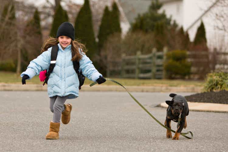 Young Girl, a puppy and a school bag
