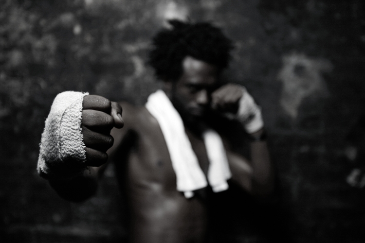 Young male street fighter, black and white