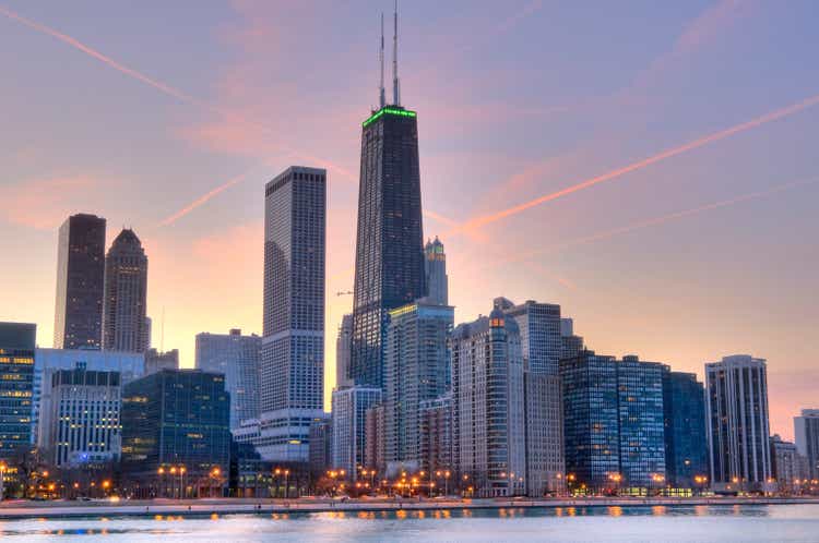 Skyline view at sunset of Northern Chicago