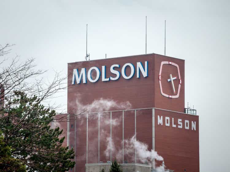 Molson Coors logo on the brick tower of Molson Brewery in downtown Montreal, Quebec.  It is one of the largest brewers in the world and a landmark