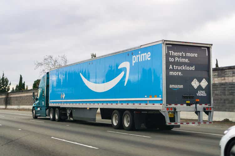 Amazon truck driving on the freeway