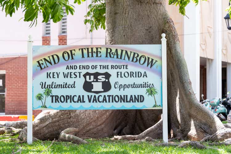 Florida scenic overseas highway, US1, US one, 1, North route, road street, freeway sign in key for End of Rainbow, route, tropical vacationland, unlimited opportunities