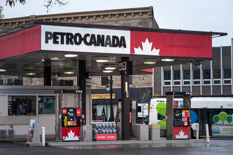 Petro-Canada logo in front of one of their gas stations in Canada. Belonging to Suncor Energy, petro Canada is a petrol station brand spread in Canada"n