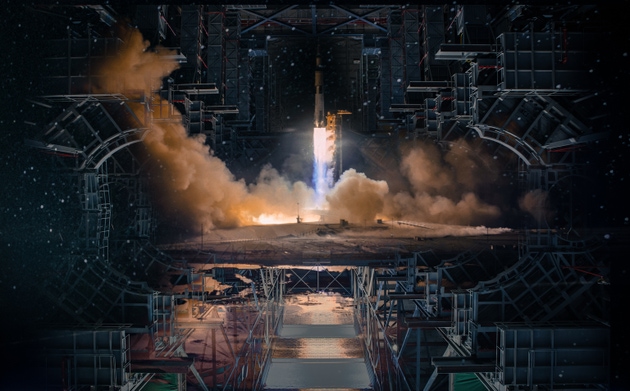 Technological futuristic design in open space and missile launch.The elements of this image furnished by NASA.