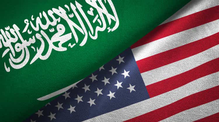 United States and Saudi Arabia two flags together realations textile cloth fabric texture