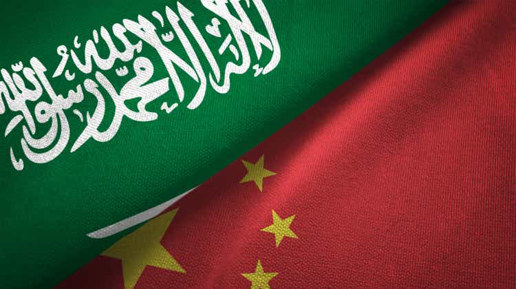 China and Saudi Arabia two flags together realations textile cloth fabric texture