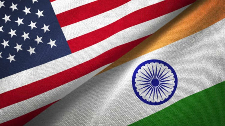 India and United States two flags together realations textile cloth fabric texture