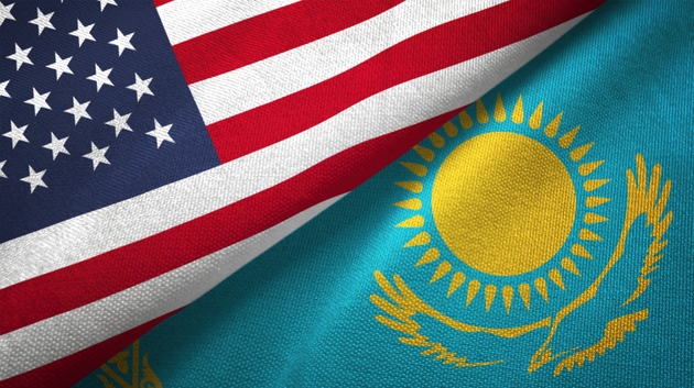 Kazakhstan and United States two flags together realations textile cloth fabric texture